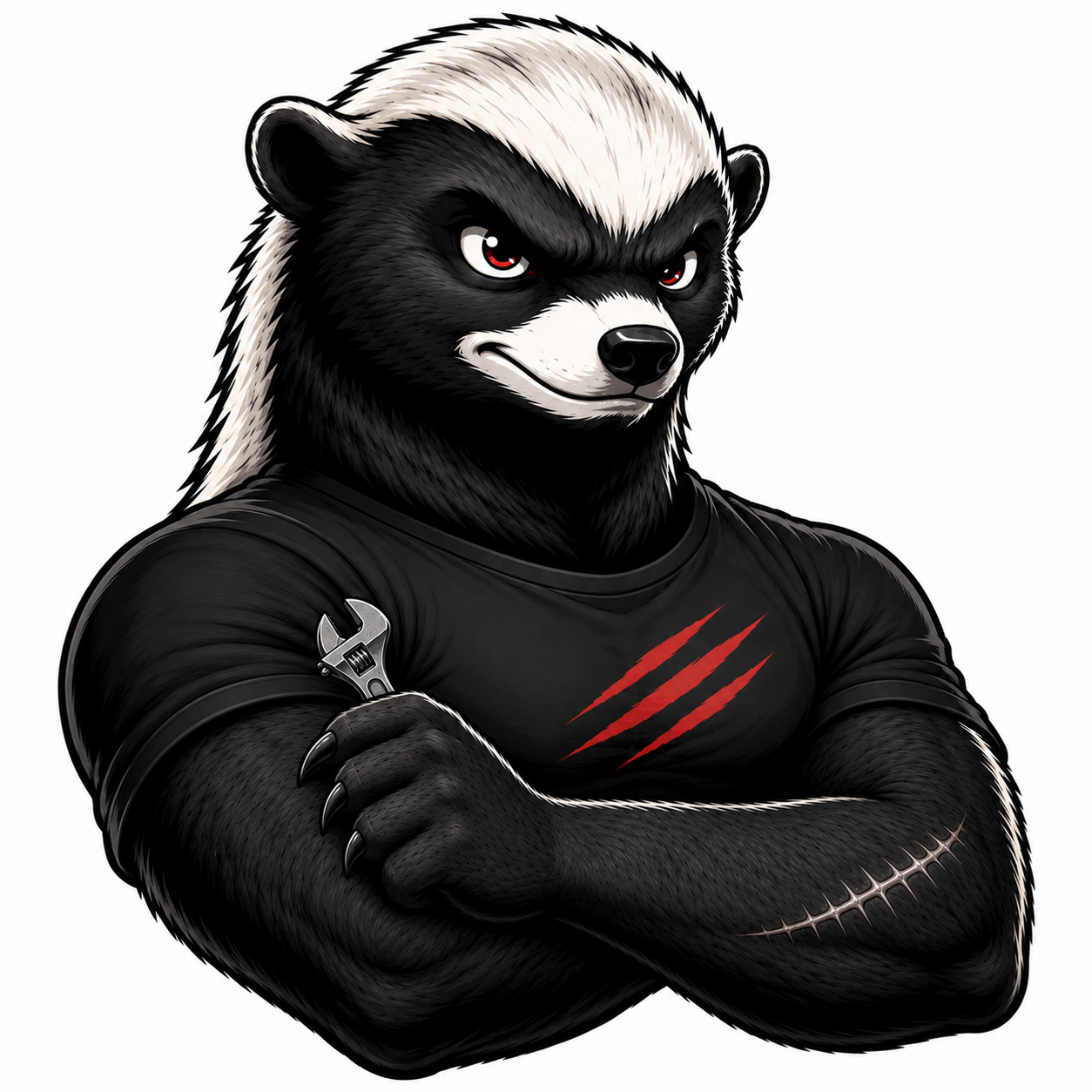 Honey badger mascot in a black T-shirt, arms crossed, holding a spanner